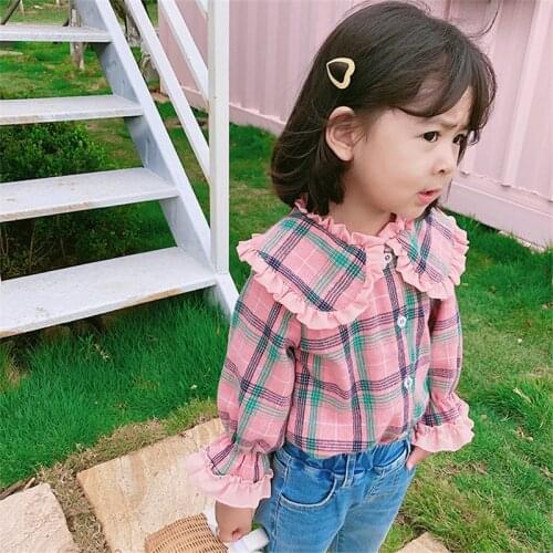 1-7T Toddler Kid Baby Girl Clothes Long Sleeve Ruffles Plaid Shirt Elegant Cute Sweet Lovely Blouses Spring Top Infant Outfit