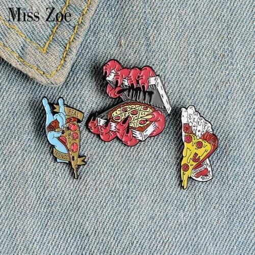 Pizza Zombie Party Enamel Pin Custom Zombie Hand Pizza Box Brooches Shirt Lapel Bag Punk Badge Cartoon Food Jewelry Gift Kids