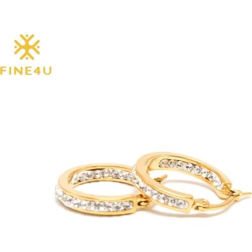 FINE4U E227 Cubic Zirconia Huggie Hoop Earrings Stainless Steel Inside-Out Hoop Earrings made with CZ