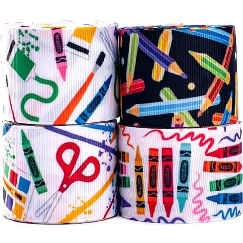School Pencil Pattern Printed 5 Yards Grosgrain/Satin Ribbon 16mm/25mm/38mm/50mm/75mm for DIY Hair Bows Gift Packaging Materials