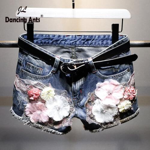 Women Jeans Skirt Shorts Feminino Denim Flowers Print Leg-openings Plus Size Ripped Sequins Zipper Shorts With Pockets 2020