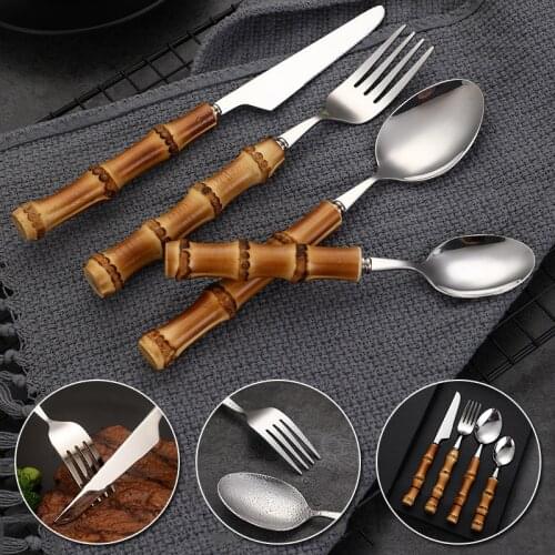 Tableware With Bamboo Handle Steak Knives Cutlery Stainless Steel Flatware Cutlery Forks Spoons Knives