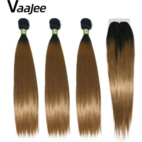 VaaJee Synthetic Hair Weave 14 Inch 4pcs/lot Afro Kinky Straight Hair Brown Bundles Hair Extension Synthetic Hair with Closure