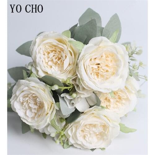 YO CHO 6 Heads Silk Peony Artificial Flower Wedding Girl Holding Flower Peony Bunch Tiffany Blue Mini Bouquet Home Party Decor