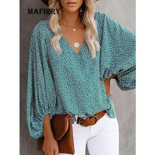 New Summer Women V-Neck Full Sleeve Printing Top Blouse Casual Lantern Sleeve Loose Shirts Plus Size 3XL Streetwear Dropshipping