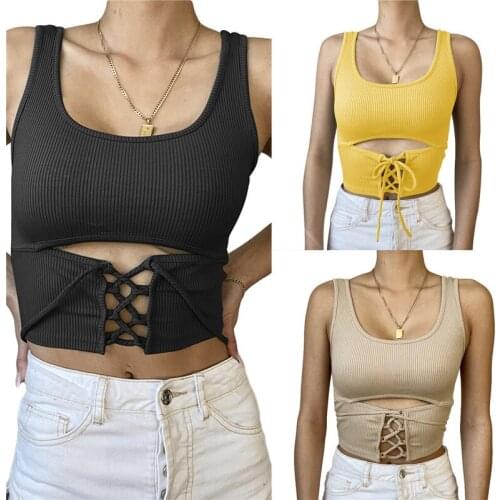 Xingqing Womens Shirt Sexy U-neck Hollow Out Camisole Sleeveless Solid Color Criss Cross Tank Top Lace-up Rib Knit Crop Tops