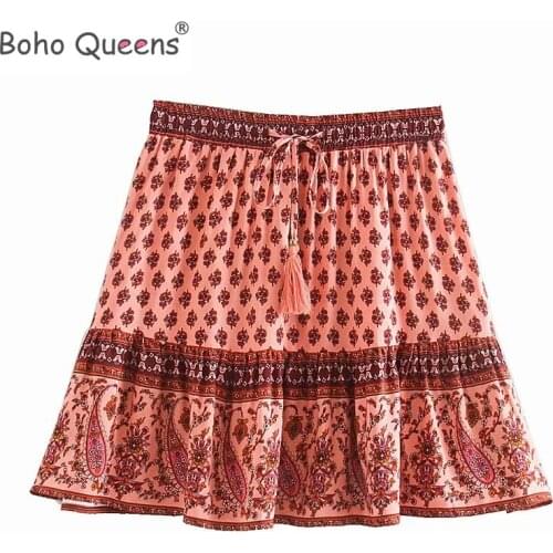 Boho Queens happie women floral print beach Bohemian skirt High Elastic Waist rayon A-Line Boho Mini Skirts Femme