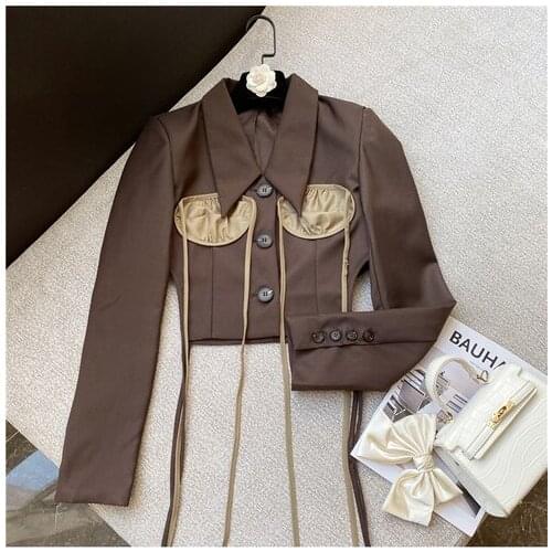 Lady Short Coat 2021 Autumn New European Design Streetwear Contrast Color Tassel Pocket Outside Long Sleeve Cropped Jacket Women