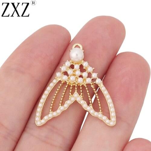 ZXZ 6pcs Gold Tone High Quality Mermaid Tail Imitation Pearl Charms Pendants for Necklace Earring Jewelry Making Accessories