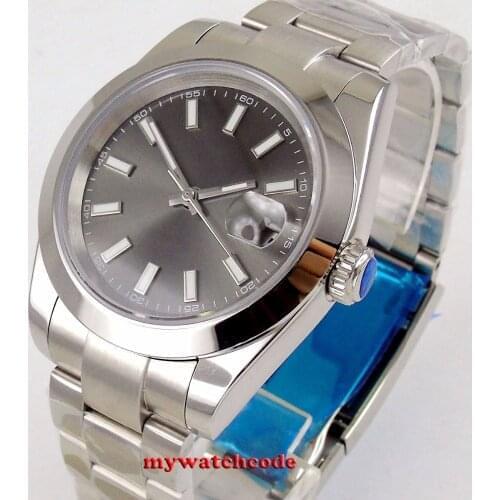 36mm Bliger No Logo Gray Dial Luminous Marks Solid Case Date Window Sapphire Glass MIYOTA 8215 Automatic Mens Watch