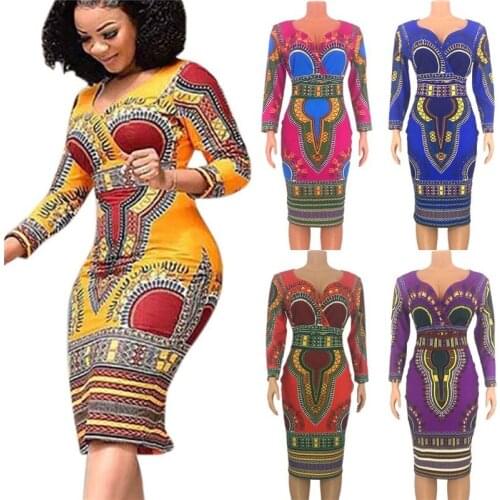 African Dresses for Women Dashiki Print 2021 News Tribal Ethnic Fashion V-neck Ladies Clothes Casual Sexy Dress Robe Party