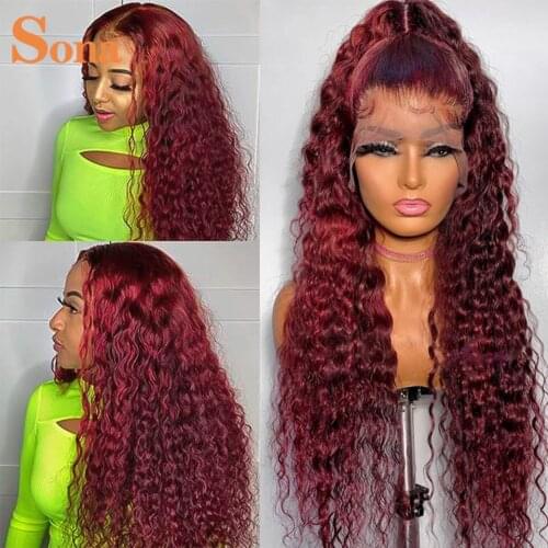Burgundy Curly Human Hair Wigs Pre Plucked #99J Colored Lace Front Wigs For Women 180% Brazilian Remy Red Lace Frontal Wigs