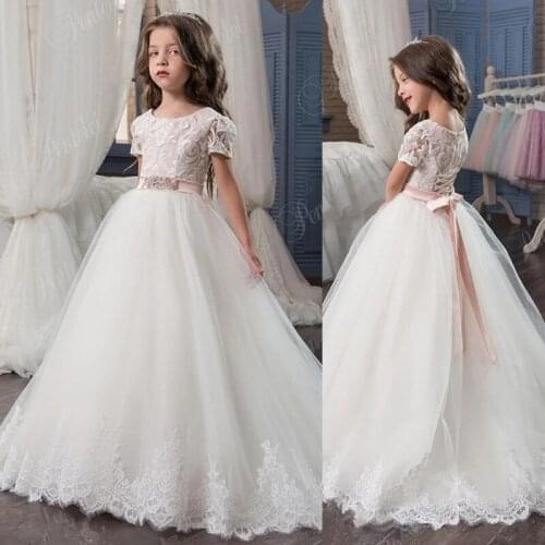 Flower Girl Dresses Formal Girls Dresses for Wedding Cheap 2020 Short Sleeves and Lace Up Back Appliques Tulle Ball Gown