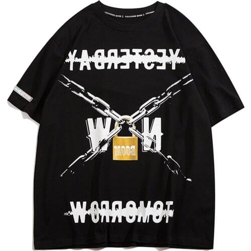 Hip Hop Men Summer Streetwear T Lock Chain Letter Print Tshirt Harajuku Cotton Casual Short Sleeve Shirt Black