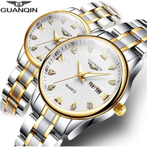 GUANQIN Couple Watch Set Luxury Diamond Men Women Wrist Watch Stainless Steel Quartz Watch lover reloj pareja hombre y mujer