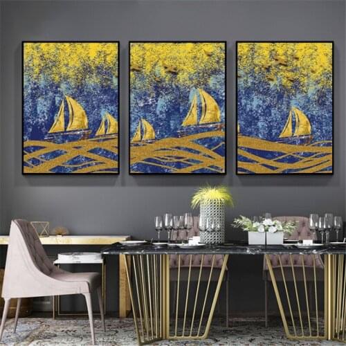 Spray Color Abstract Blue Ocean Scenery Fish Boat Mountain Canvas Painting Wall Frameless Picture Poster Living Room Decoration