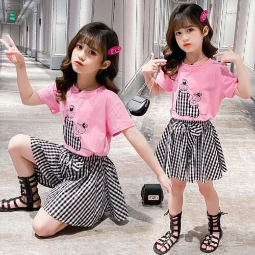 Children Summer Clothes Girls Plaid Skirt Shorts + Cartoon T shirt 2pcs Sets Kids Comfortable Casual Outfit teenage leisurewear