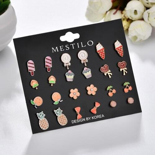 2019 Trendy Fashion Women Jewelry Mini Plant Stud Earrings Colorful Oil Flower Fruit Stud Earrings Set For Girls Korean Jewelry