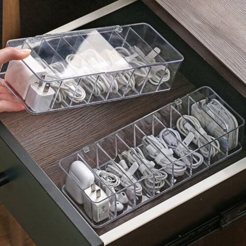 Cable Storage Box Transparent Plastic Data Line Storage Container for Desk Stationery Makeup Organizer, Key and Jewelry Box