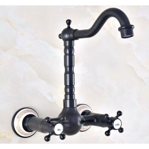 Black Oil Rubbed Antique Brass Bathroom Kitchen Sink Basin Faucet Mixer Tap Swivel Spout Wall Mounted Dual Cross Handles mnf468