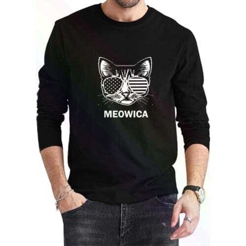 Meowica America Cool Cat With Glasses Logo T-Shirt 2021 Newest Summer Mens Long Sleeve Popular Tees Shirt Tops Novel Unisex