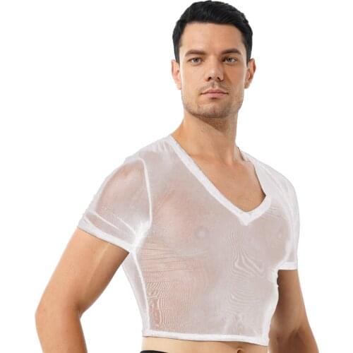Mens See-through Mesh Patchwork Vest Tops V Neck Short Sleeve Cropped T-shirt Party Nightclub Stage Show Sexy Outfits Costumes