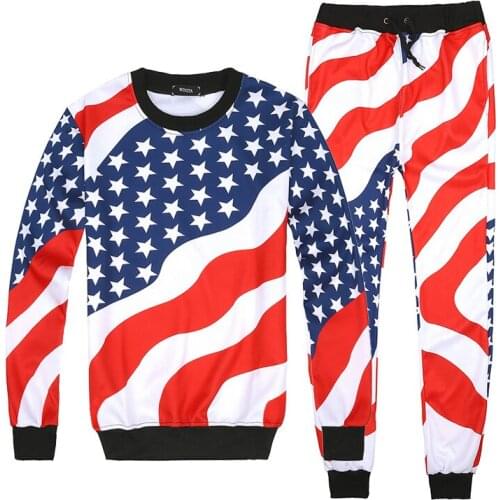 Mens Casual Suit Jogging Sports Autumn And Winter Sweater Printing Long-Sleeved Trousers Flag Star 3D Printing Two-Piece Suit