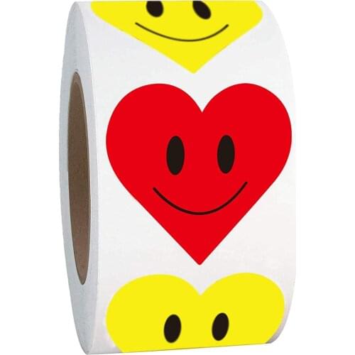 2 Inch Yellow Heart Smiley Face Red Heart Shaped Happy Face Stickers Roll Round Circle Teacher Labels Reward Stickers 500 PCS