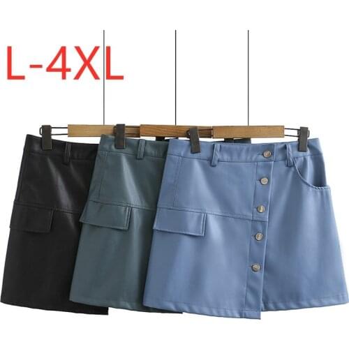 New Ladies Autumn Winter Plus Size Mini Skirt For Women Large Slim Casual A line Faux Leather Pocket Button Blue Skirts 3XL 4XL