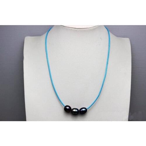 New Arriver Leather Pearl Jewelry Blue Leather 3 Black Freshwater Pearl Necklace 10x12mm 18 Inches Handmade Jewelry No Metal
