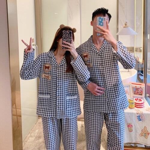 Crepe Pyjama Homme Coton Homme Lapel Collar Suit Small Checkered Patch Bear Cotton Long Sleeve Spring and Summer Couples Pajamas
