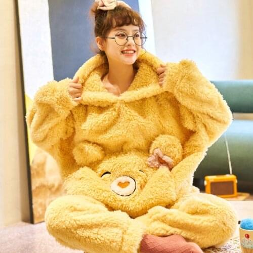 Adult Pajamas Set Women Winter Thicken Sleepwear Homewear Cartoon Bear Korean Pyjamas Funny Soft Warm Pijamas Suit