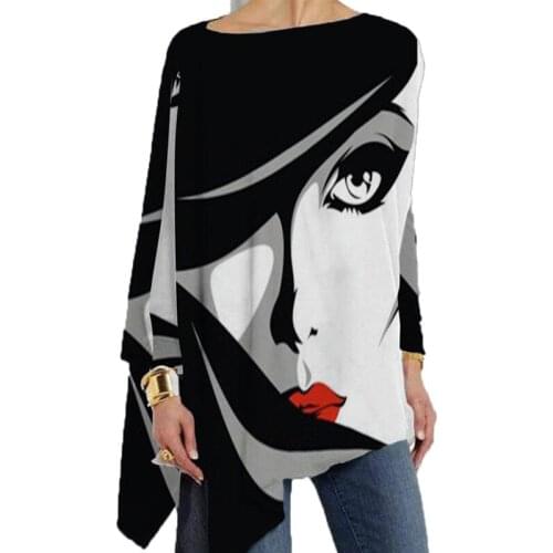 Plus Size White-Black Abstract Vintage Tops Women Loose Crew Neck Cotton Casual Shirts Long Sleeve Irregular T-shirt Print