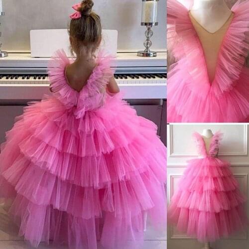 Pink Ruffles Flower Girls Dresses for Weddings Baby Party Real Images Kids Photoshoot Baby Birthday Gowns