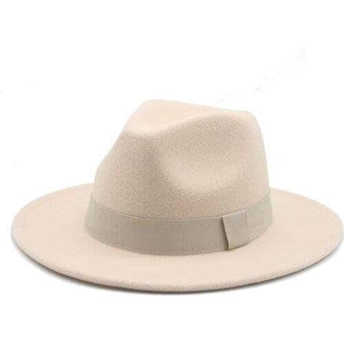 Fedora Hat Women Men Ribbon Band Belt Wide Brim Beige White Felted Hat British Elegant Fascinator Winter Hat Sombreros De Mujer