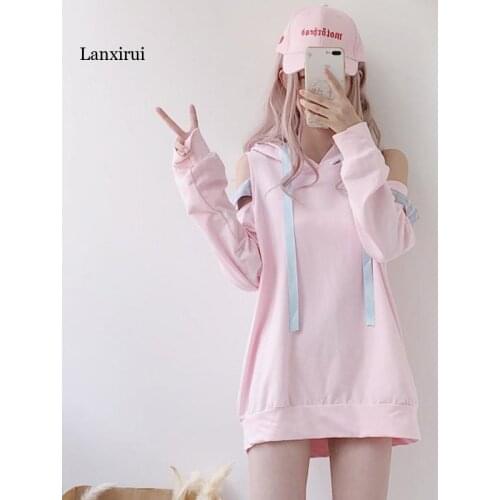 Japan Cosplay Kawaii Hoodies Harajuku Lolita Cute Off Shoulder Plaid Women Pink Sweatshirts Fashion Lace Up Sexy Girls Pullover