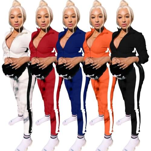 1L176 Autumn Winter Women Casual Sports Patchwork High Elasticity Zipper Two Piece Set Top and Pants Tracksuit Sweatsuit Outfits