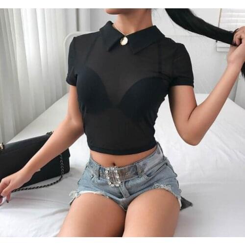 2021 Sexy Women See Through Transparent Mesh Turn Down Neck Short Sleeve Sheer Back Zipper Black Shirt Lady Crop Tops Tee