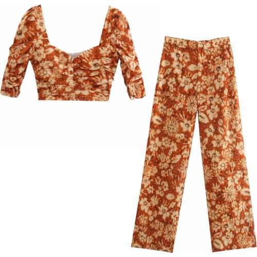 Za New Summer Women Retro Printing Simple Style Short Sleeve Square Neck Short Shirt And High Waist Casual Pants Set XITIMEAO