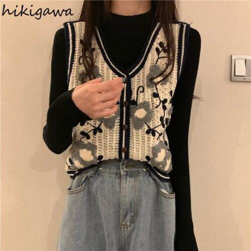 Hikigawa Korean Fashion Hollow Out Knitted Vest Vintage Sleeveless Womens Sweaters Y2k Loose Harajuku Ladies Cardigans Vests