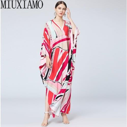 MIUXIMAO 2021 Bohemian Plus Size Dress V-neck Batwing Sleeve Maxi Dress Women Elastic Silk Floor Length New Kaftan Dress