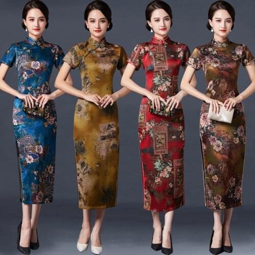 S-6Xl Cheongsam Chinese Retro Women Long Dress Floral Short Sleeve Embroidery Stand Collar Traditional New Style Elegant Fashion