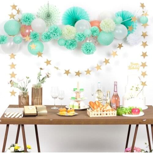 20pcs Mint Green Party Decoration Paper Fans Lanterns Pom Pom Star Garland Birthday Baby Shower Wedding Decoration