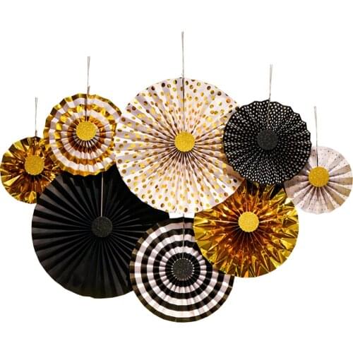 8pcs DIY Paper Crafts Paper Fans Black Goden Wedding Party Birthday Festival Decor Photo Backdrop Hanging Flower Paper Fan