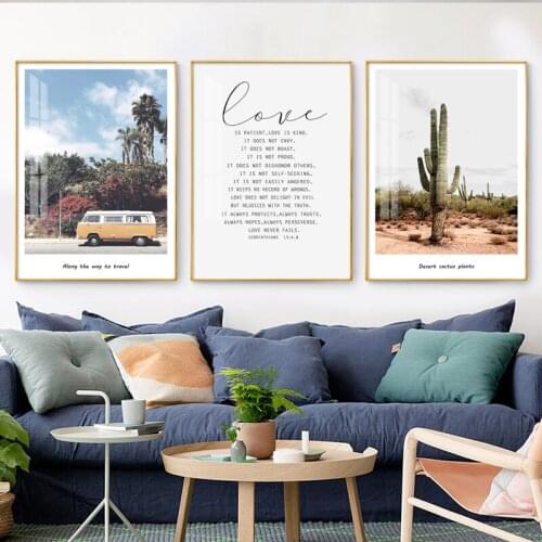 Europe Scenery Yellow Car Green Plants Pink Cactus Rock Motto Canvas Painting Wall Picture Poster Home Living Room Decoration