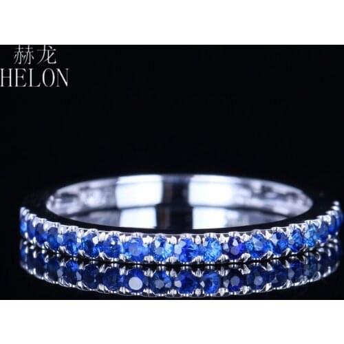 HELON Solid 10k White Gold 0.4ct Genuine Sapphires Half Eternity Ring Women Fine Jewelry Engagement Wedding Gemstone Ring