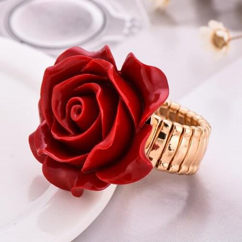 New Arrival red colors Resin Rose Flower Gold-Color Adjustable ring Women Wedding party Fashion Statement Finger Rings