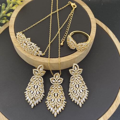Lanyika Fashion Jewelry Set Luxury Gradation Leaf Zirconia Pave Necklace with Earrings, Bracelet and Ring for Woman Banquet Gift