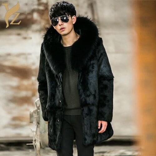 Fashion Rabbit Fur Coats With Raccoon Dog Fur Collar Warm Hood Wholeskin Rabbit Fur Jacket Men Winter Clothes Capped Winter 2021