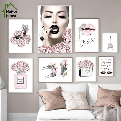 Pink Flower Perfume Fashion Lady Poster Silver Lips Makeup Print Canvas Painting Wall Picture Modern Girl Room Home Decor